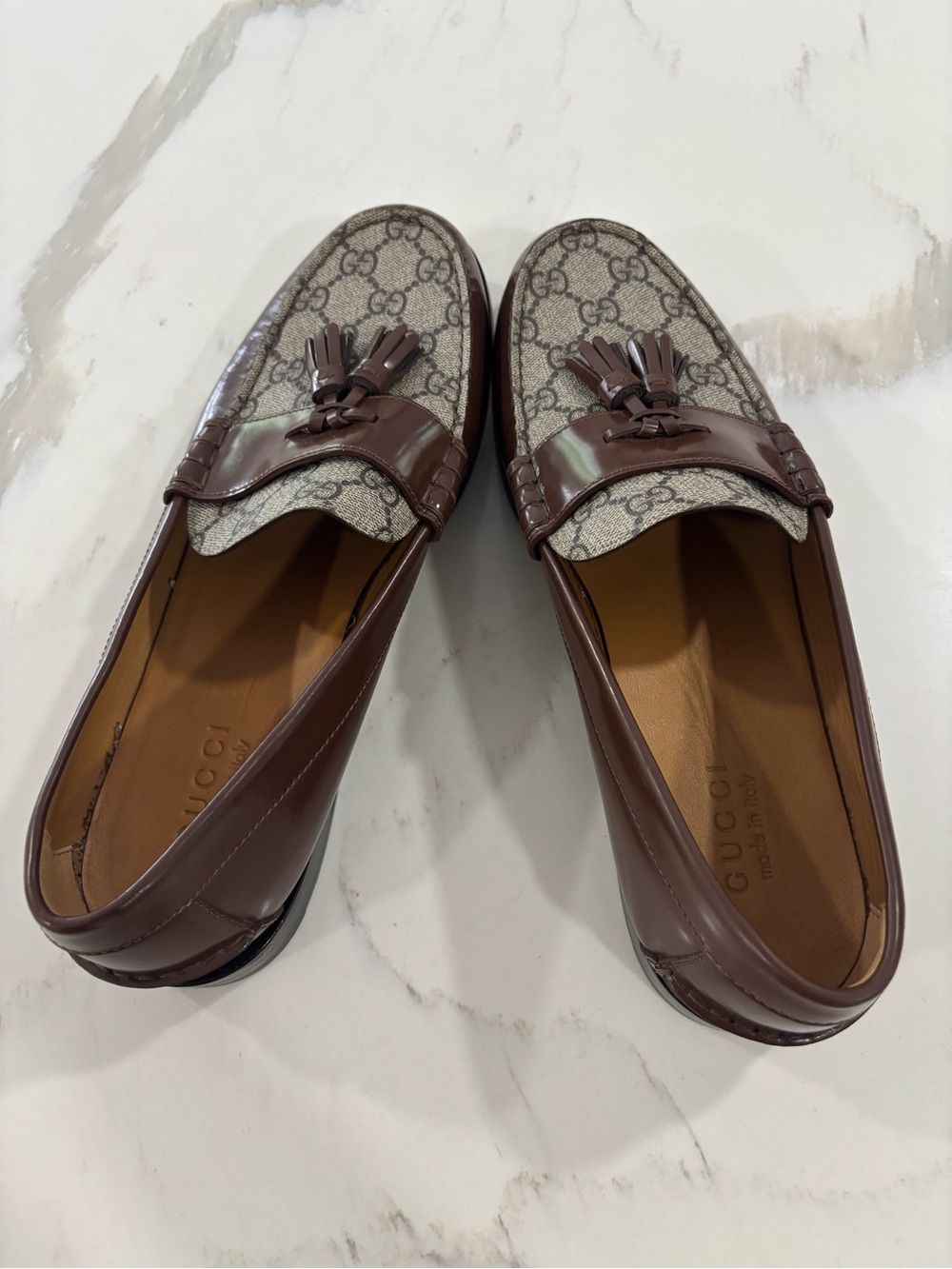Gucci Brown GG Canvas Tassel Penny Loafers